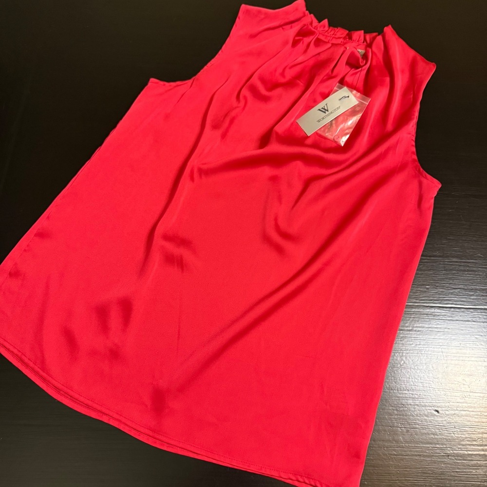 Worthington Womens Red Sleeveless Satin Ruffle Neck‎ Blouse Top Size M New